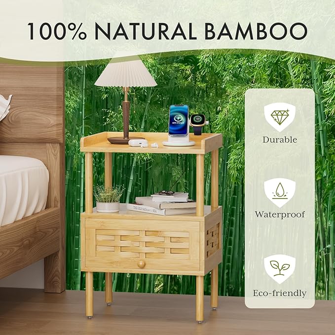 Amazer Nightstand with Charging Station, Bedside Table Bamboo with USB Ports &