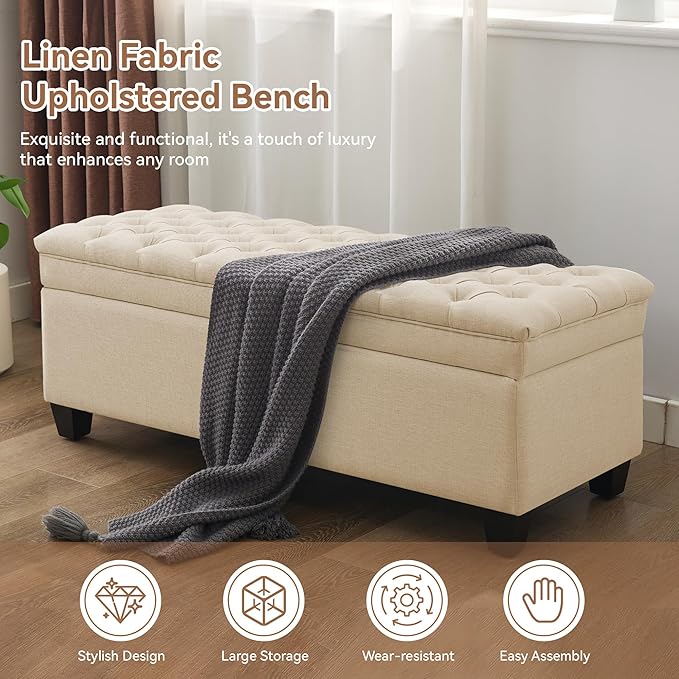 WUTUTUEE 51" Fabric Storage Ottoman Bench, Upholstered Rectangle End of Bed
