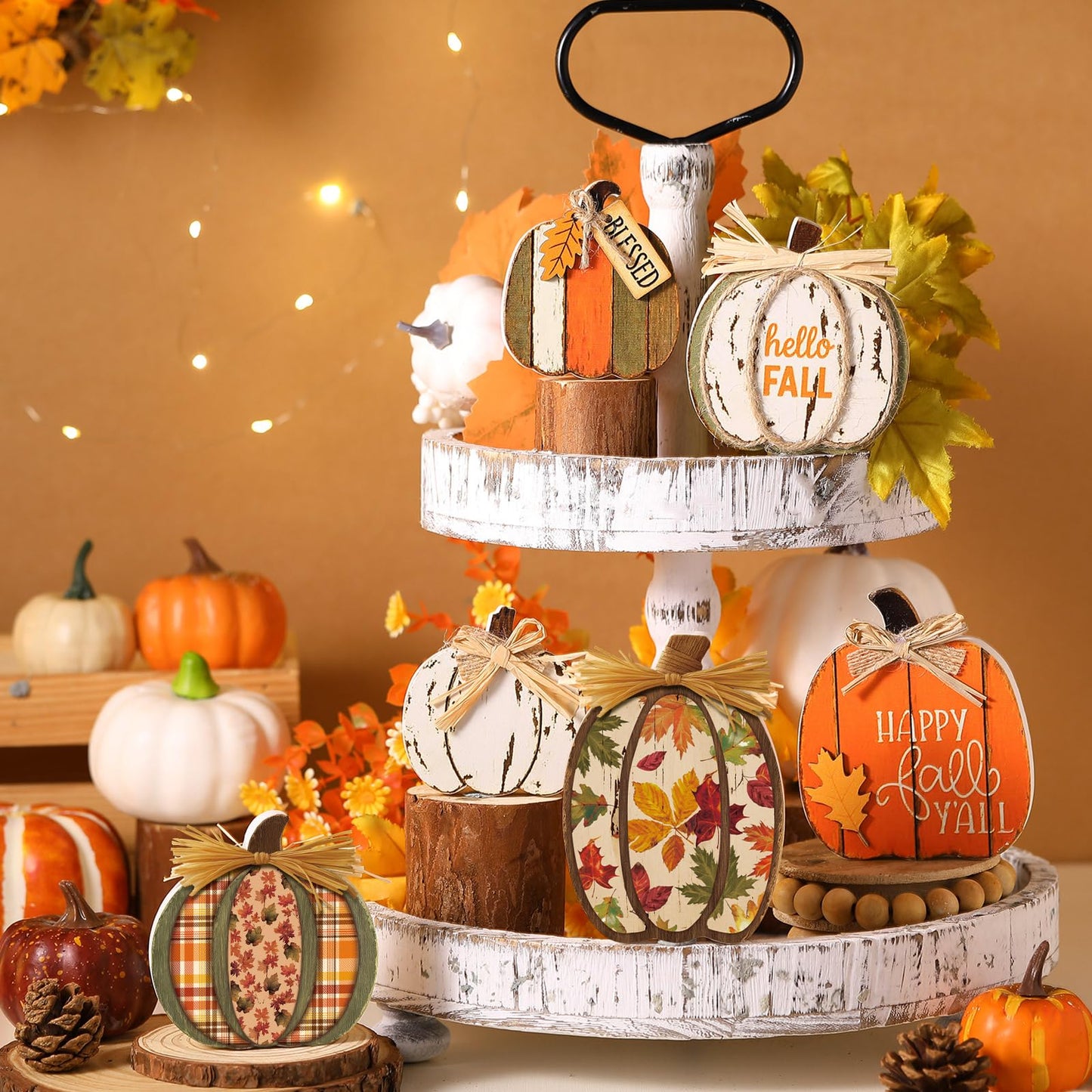 Leinuosen 6 Pcs Fall Pumpkin Decor Wooden Block Sign Fall Tiered Tray Decor for Home Autumn Table Centerpieces Decorations for Thanksgiving Harvest Table Mantel(6 Pcs,Pumpkin)