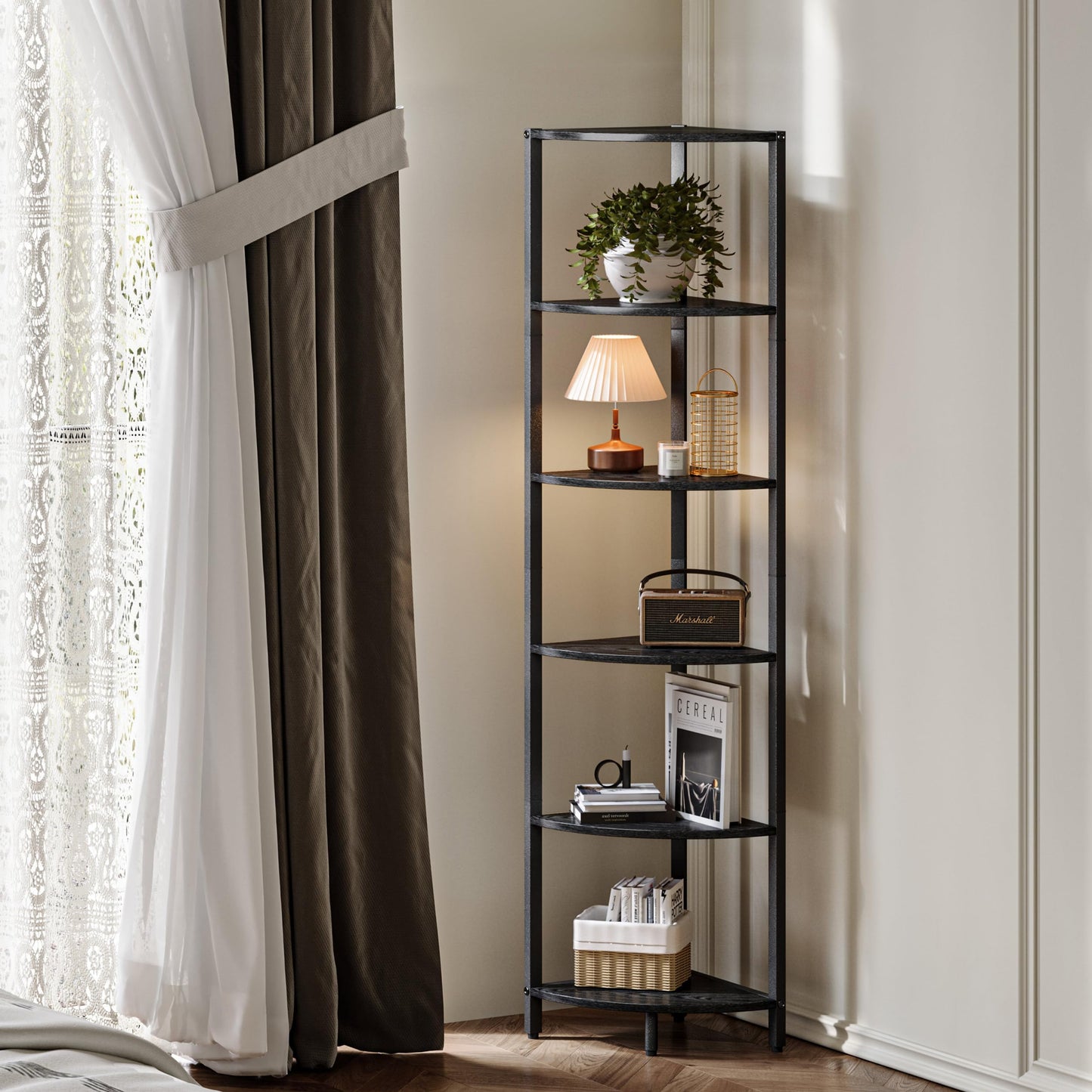 6 Tier Corner Shelf 63.1" Tall Corner Shelves stand Ladder shelf metal Standing Bookshelf Organizer Display Rack Bookcase Plant Stand Industrial for Living Room Bedroom Black Wood grain CS-001B3