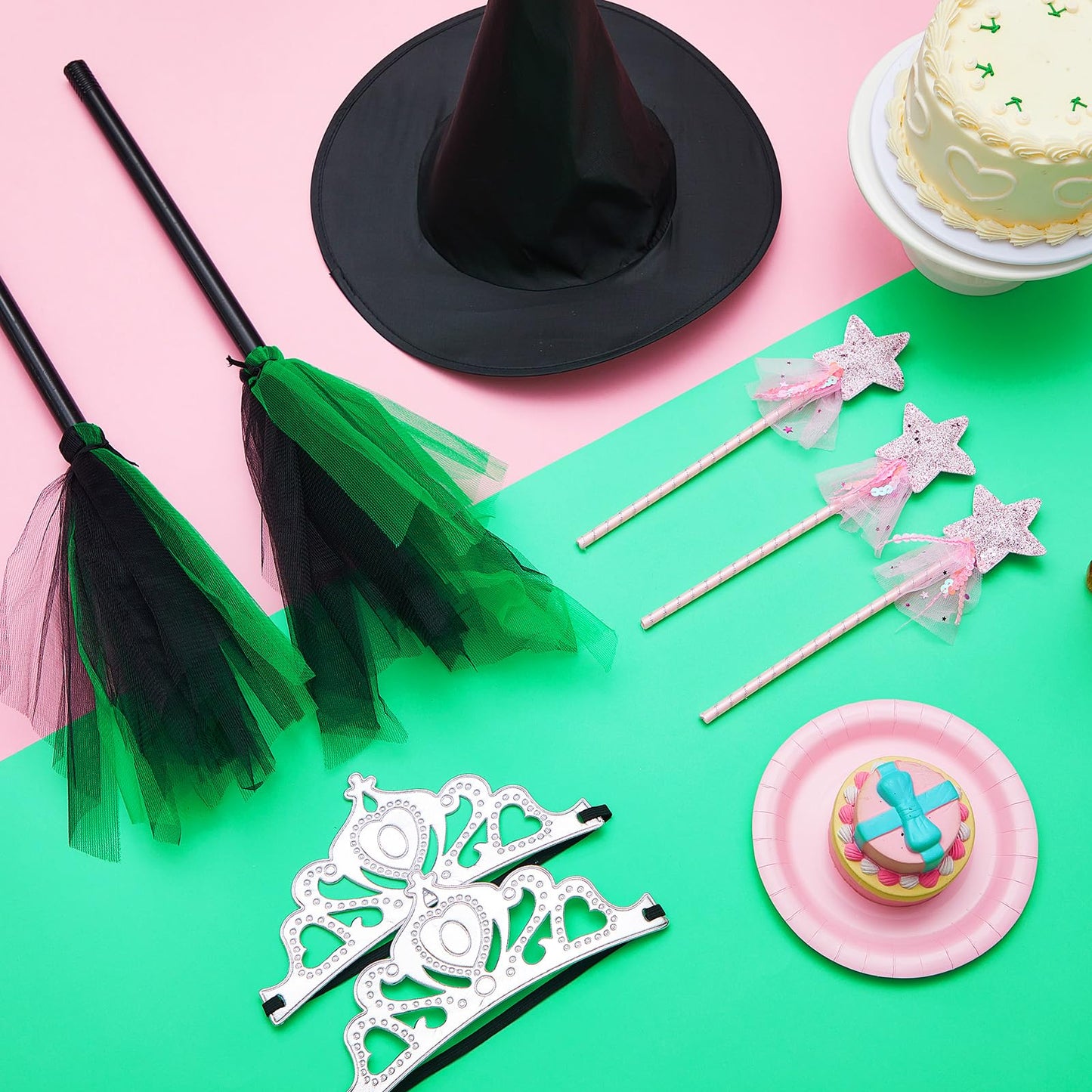 Shyyween 24 Pcs Witch Hats and Princess Crowns with Brooms and Glitter Star Wands Black Wizard Hats Decoration Costumes for Adults Princess Witch Party Supplies Gifts Birthday Dress up Cosplay