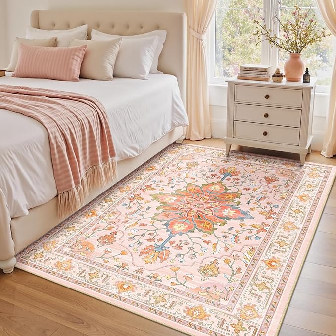 RELEANY Area Rugs 4'x6' Washable Non-Slip, Floral Vintage Distress Print