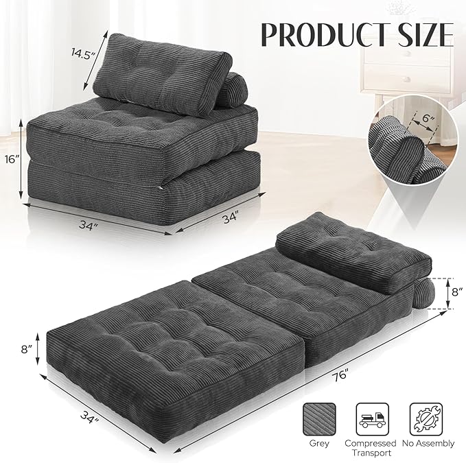 HABUTWAY Folding Sofa Bed, Convertible Sleeper Chair Bed w/Dual-Pillow & Handle