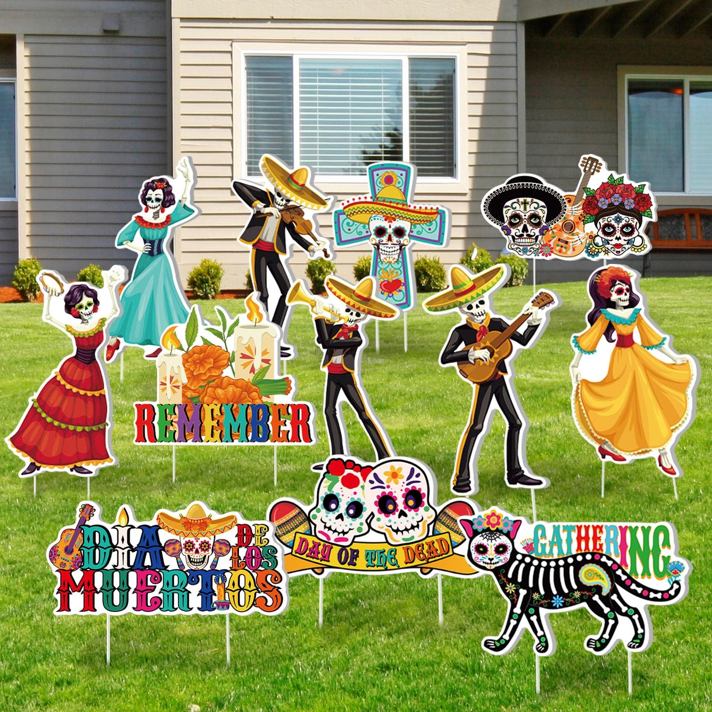 Amyhill 12 Pcs Day of the Dead Yard Decorations Halloween Outdoor Signs Decorations Dia De Los Muertos Decor Sugar Skull Sign Waterproof Mexican Fiesta Festival Party Supplies for Garden Lawn Patio