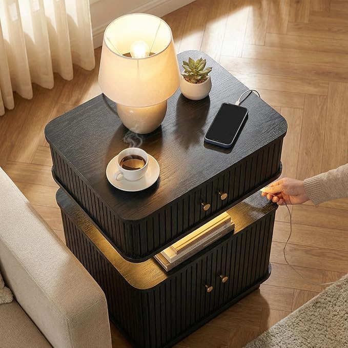 Black Nightstand with Charging Station and LED Light, Fluted Bedside Table with