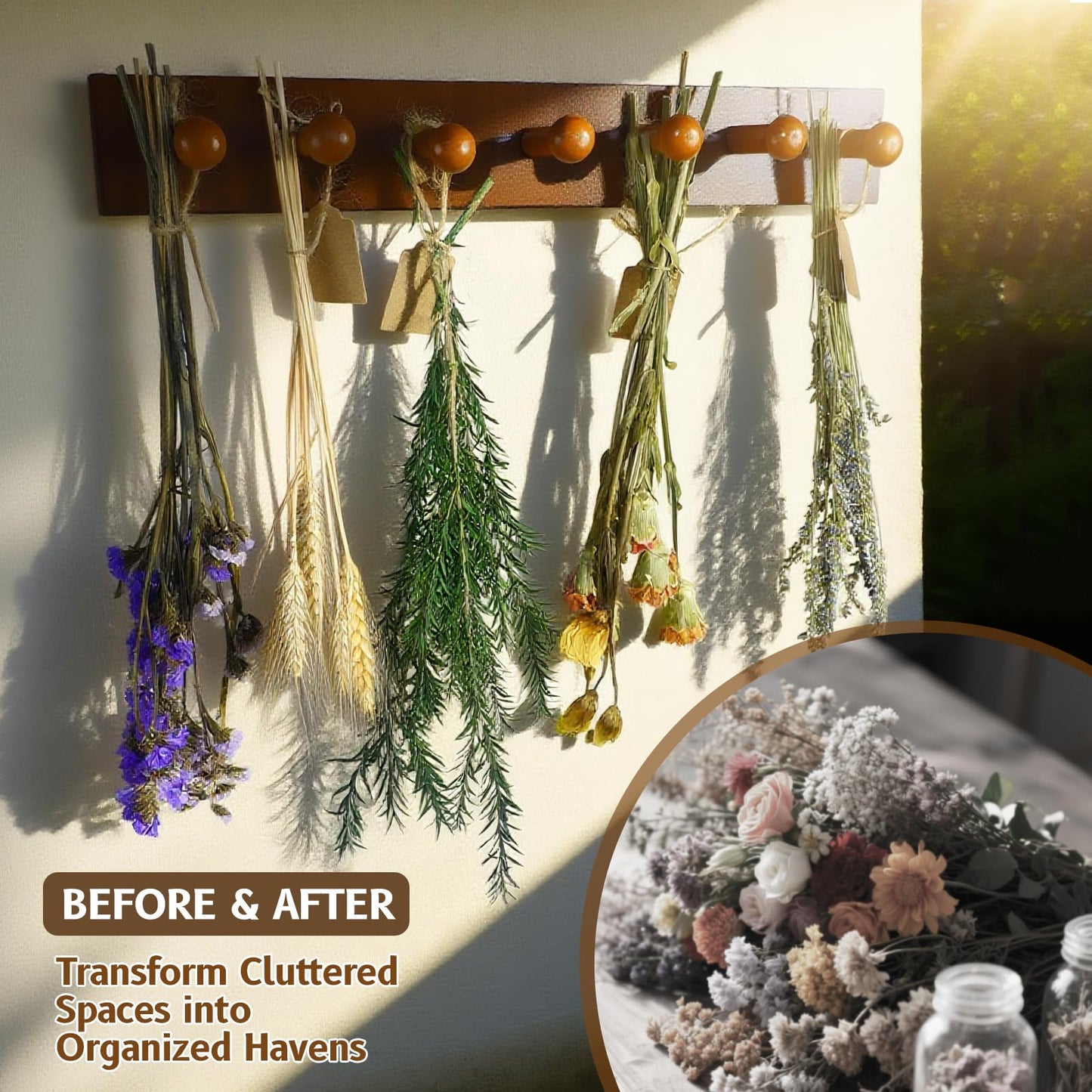 Tnstbiee Rustic Hanging Herb Drying Rack–Space-Saving Design Holds 7 Bouquets,Fits Window,Door Kitchen Areas-Great for Kitchen Witches Herb Display-Unique Gift for Gardening Enthusiasts-Wall Art Décor