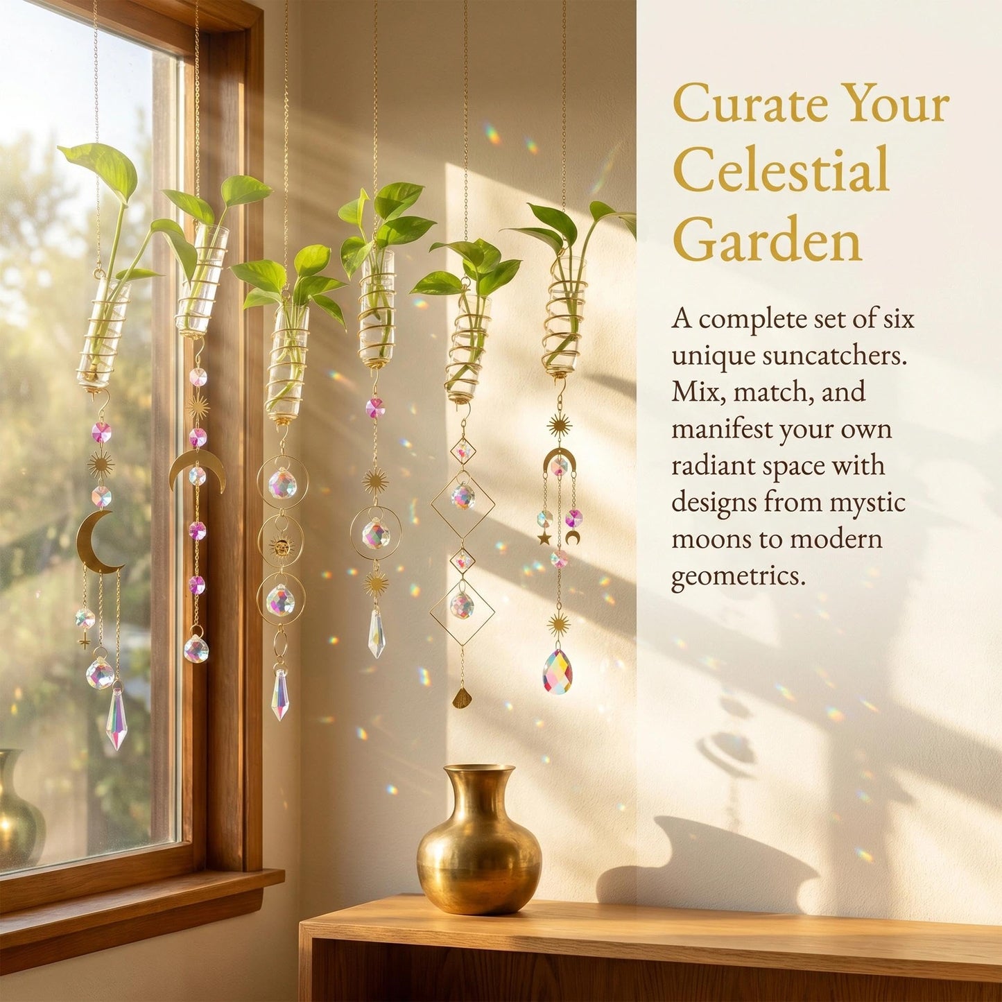HDCRYSTALGIFTS 6 Pcs Crystal Suncatchers with Plant Propagation Station,Glass Window Wall Planters for Indoor Plants Hydroponics, Hanging Sun Catcher with Chain for Home Garden Whimsical Decor