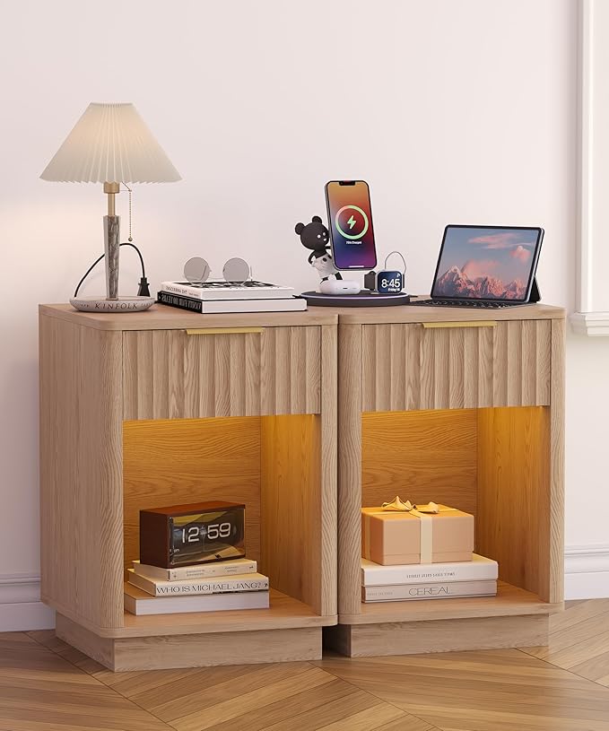 Akxomel Fluted Nightstands Set of 2, Wooden Night Stand