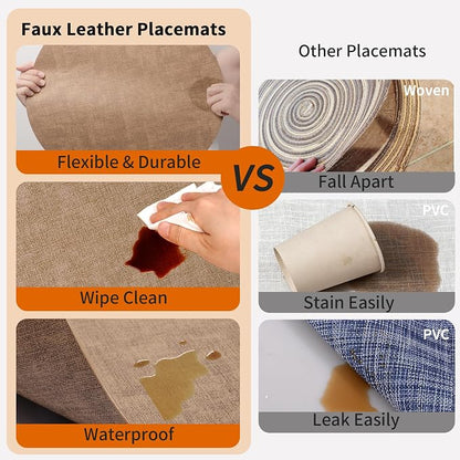 Maxpearl Round Placemats Set of 6, 13.8 inch Faux Leather Heat Resistant Table Mats, Non Slip Waterproof Wipeable Place Mats for Kitchen Dining Holiday Party Table Settings, Brown