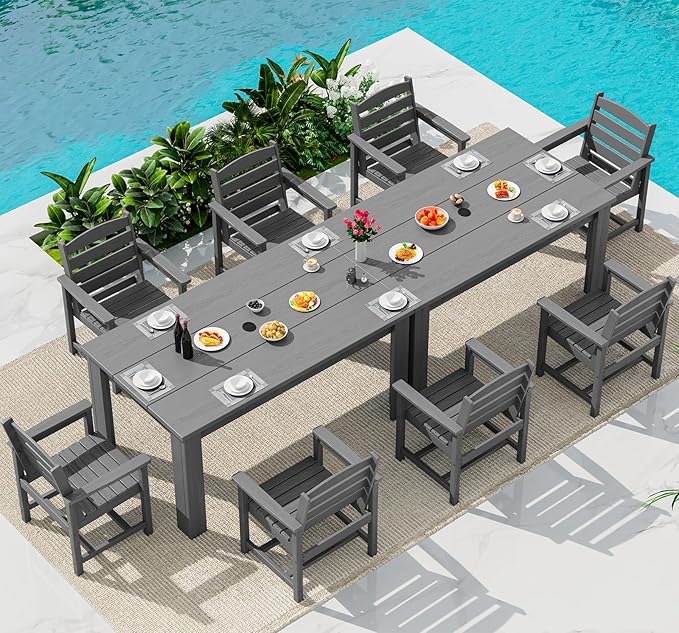 SERWALL HDPE Dining Set for 8: 2 Umbrella Hole Tables + 8 Chairs. Includes 8