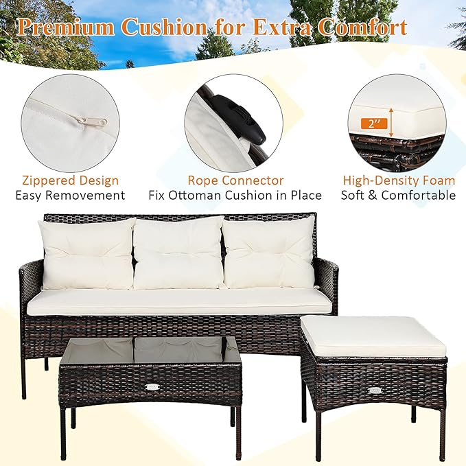 Tangkula 3 Pieces Patio Conversation Set, Outdoor PE Rattan Wicker Furniture