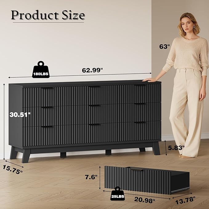 BORNOON 63" Long Dresser for Bedroom, 9-Drawer Fluted Dresser, Extra-Wide Wood