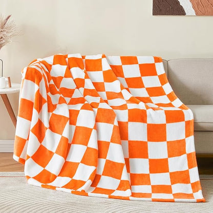 BEDELITE Checkered Twin Blanket for Couch Bed, Soft & Cozy Fleece Flannel Blanket with Checkerboard Grid Home Decor, Checkered Orange Tennessee Blanket, 60x80 Inches