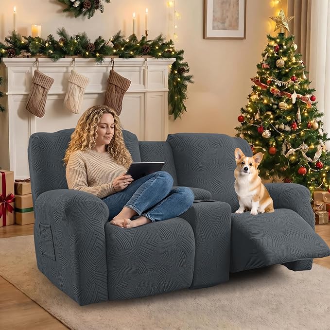 Recliner Loveseat Covers with Console, 6-Piece Stretch Geometric Strokes
