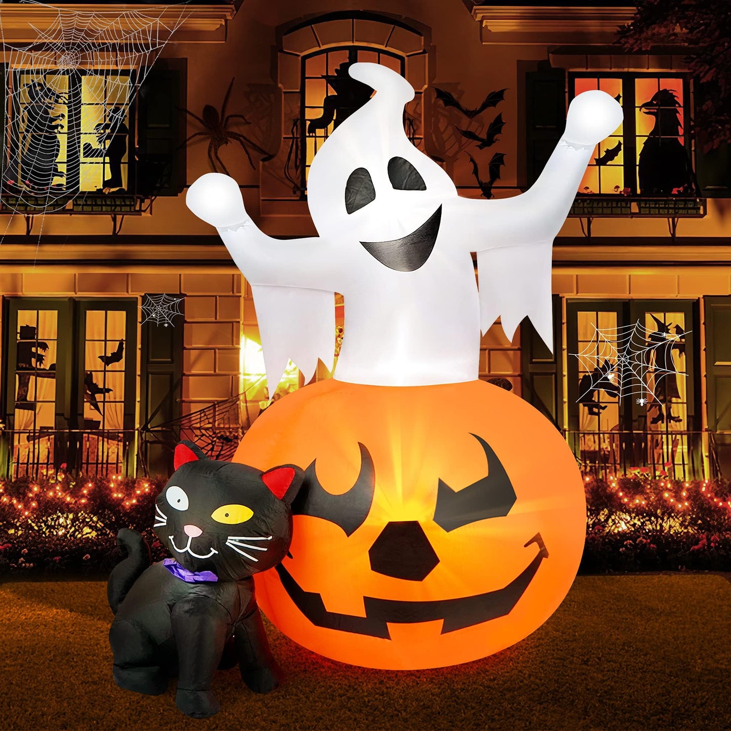 5 FT Halloween Inflatables Outdoor Spooky Pumpkin and Witch' s Black Cat Combo Inflatable Decor, Halloween Blow Up Yard Decorations Clearance with Build-in LED Lights, Halloween Outdoor Decorations