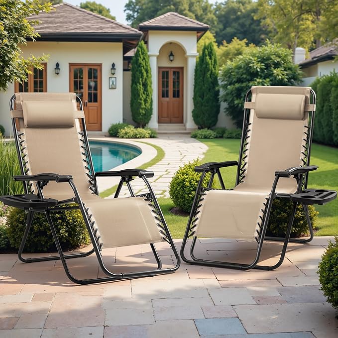 Devoko Set of 2 Zero Gravity Lounge Chairs, Outdoor Folding Adjustable Steel