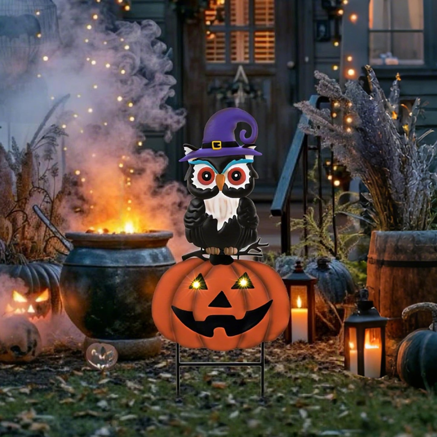TERESA'S COLLECTIONS Metal Halloween Yard Stakes Decorations for Outdoor, Solar Jack-o-Lantern Pumpkins Garden Stakes for Halloween Party Decor, Purple Yard Sign for Lawn Patio, 26"