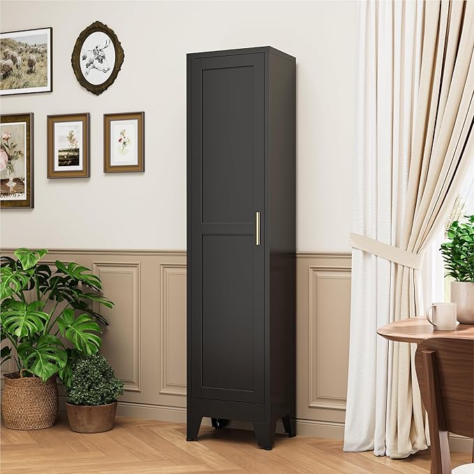 YAUWOH White Narrow Metal Storage Cabinet, Tall Freestanding Cabinet