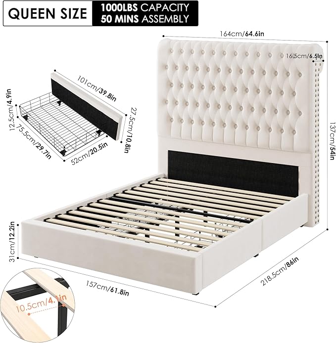 Queen Size Bed Frame 54" Tall Headboard