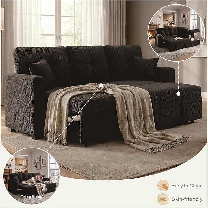 L Shaped Sectional Couch with Storage and Pull Out Bed, 3 Seater Sleeper Sofas