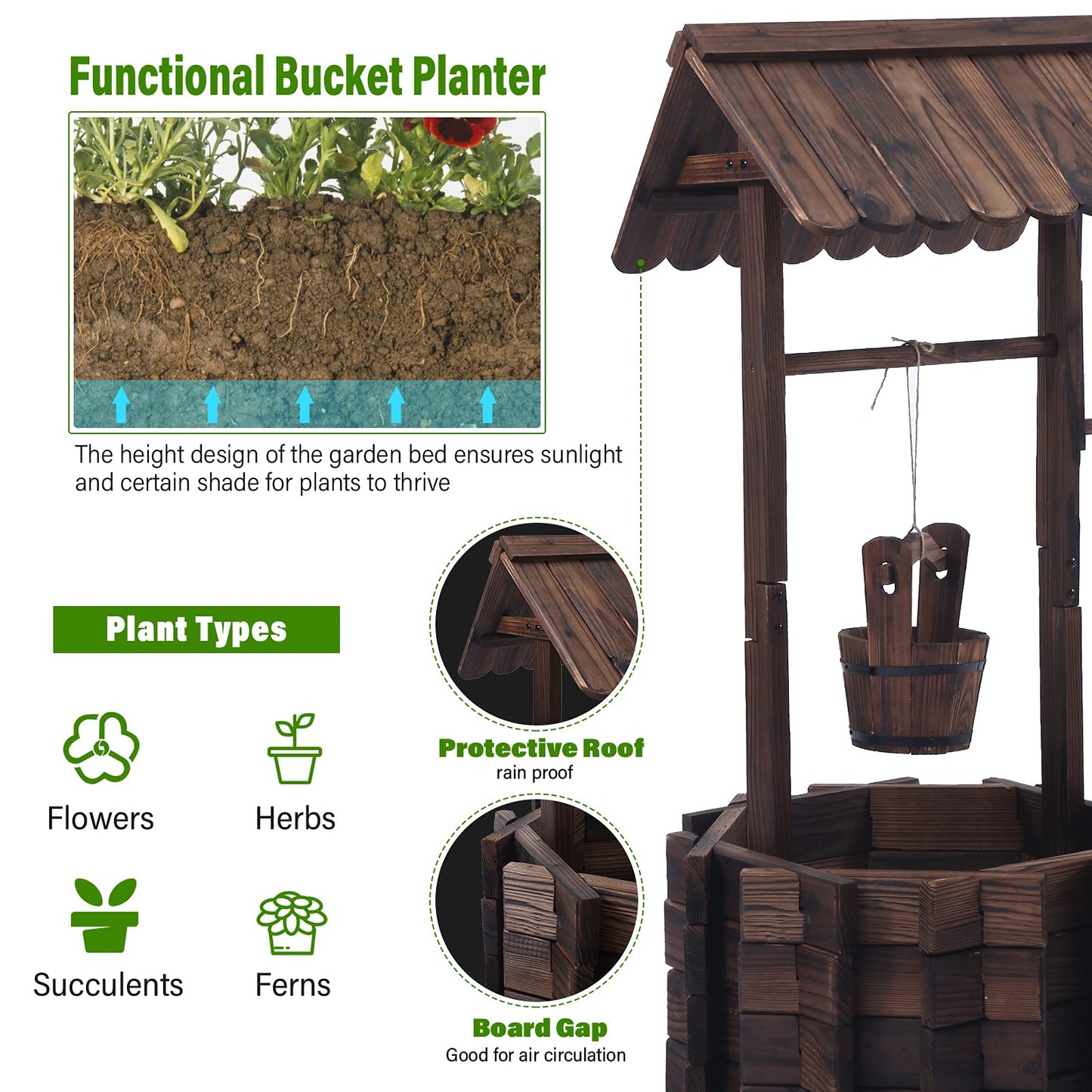 Notume Garden Wooden Decor Rustic Wishing Well Planter Outdoor Home Décor for Patio, Upgrade Wishing Well Garden, Yard Hanging Bucket Patio Lawn Backyard Home Decor