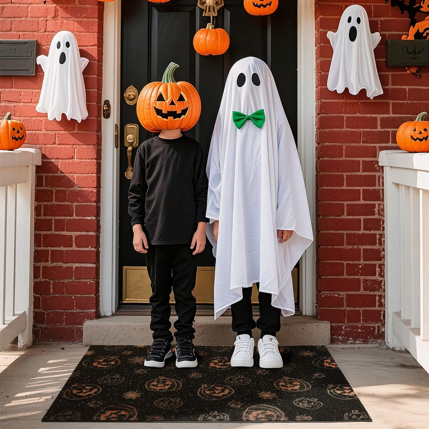 TYUU Pumpkin Front Door Mat Indoor Outside Entrance, Heavy Duty Dirt Trapper Doormat with Non Slip Backing Entryway Mat for Front Back Door, 17'' x 30'', Pumpkins Black