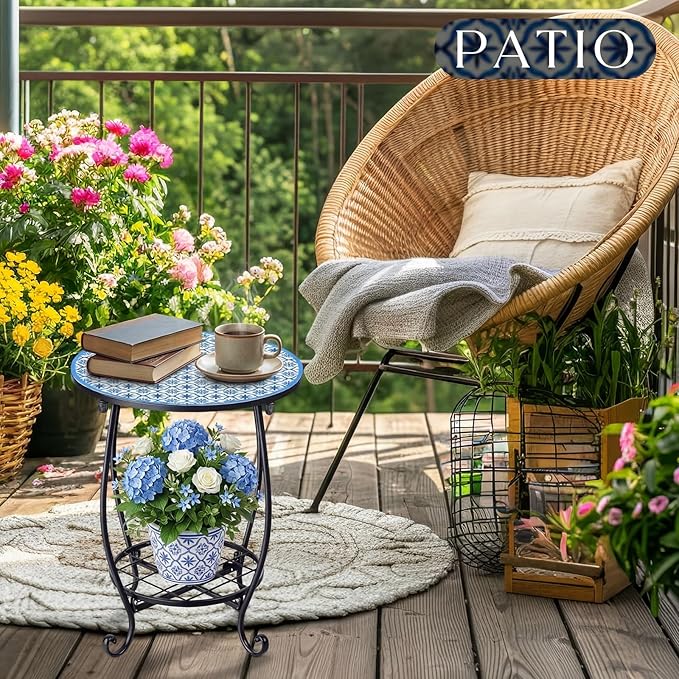 Cinnvoice Outdoor Side Table Round Small Mosaic Patio Accent Indoor End Plant