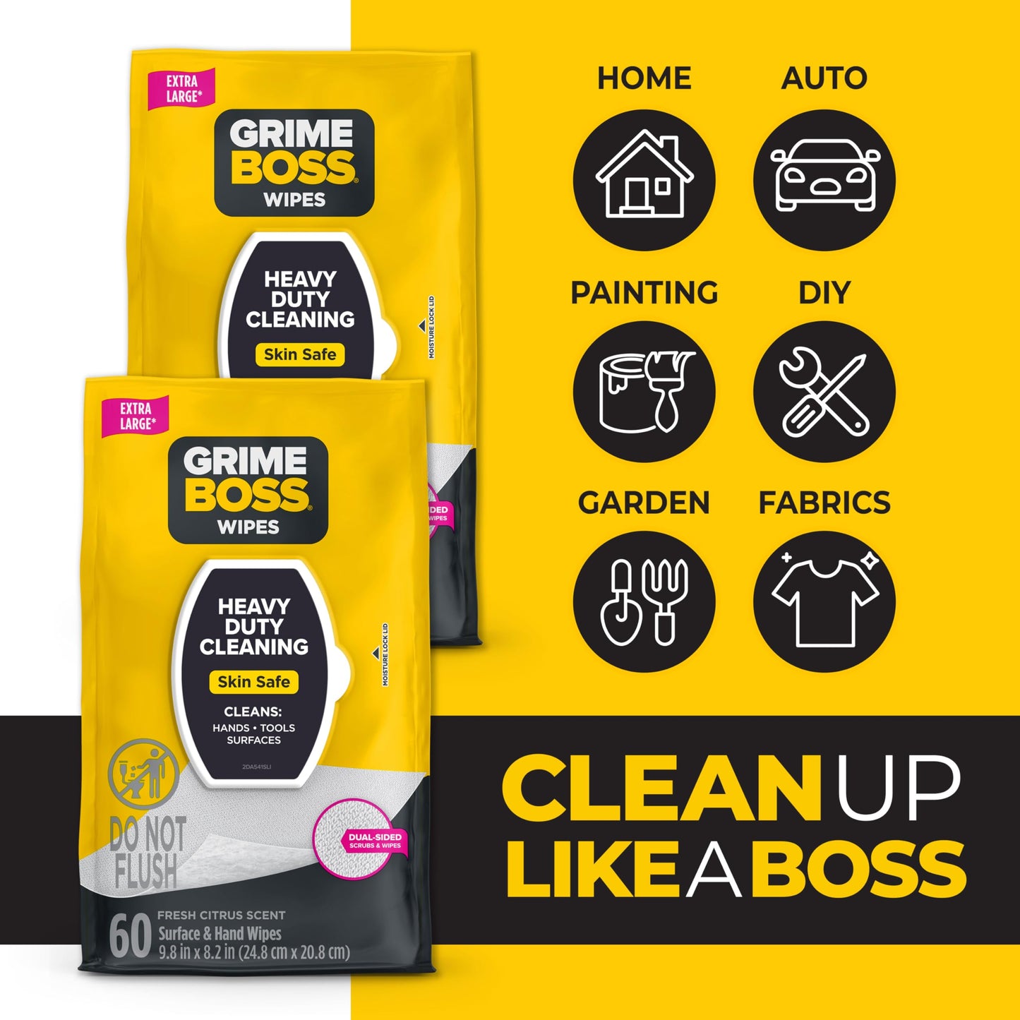 Grime Boss Heavy Duty Surface and Hand Wipes (2x60ct) | Remove Paint, Oil, Grease, Adhesives, Mud, Dirt | Workshop Replace Cleaners like Rags, Towels, Pumice, Soap
