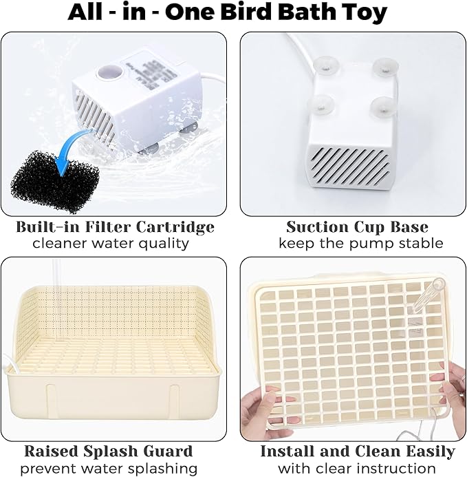 Automatic Parakeet Bird Bath with Pump, Large Bird Shower Fountain Indoor Bathtub with Running Water, Parrot Bath Tub Faucet for Pet Birds, African Grey, Cockatiel, Conure, Budgie, Lovebird