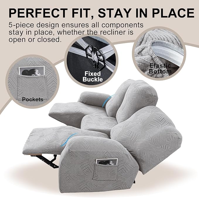 5-Piece Recliner Sofa Covers, Stretch Geometric Strokes Jacquard Recliner Sofa