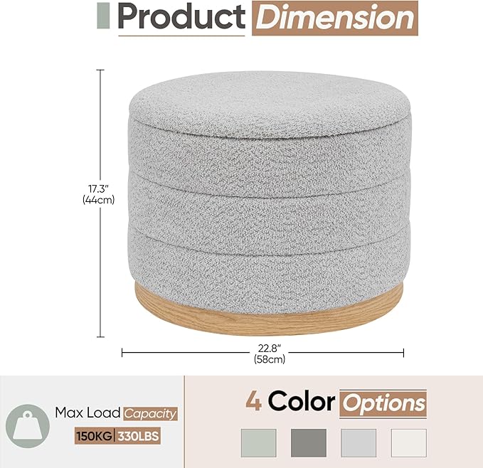 Round Storage Ottoman with Tray Lid, Folding Chenille Fabric Footrest with