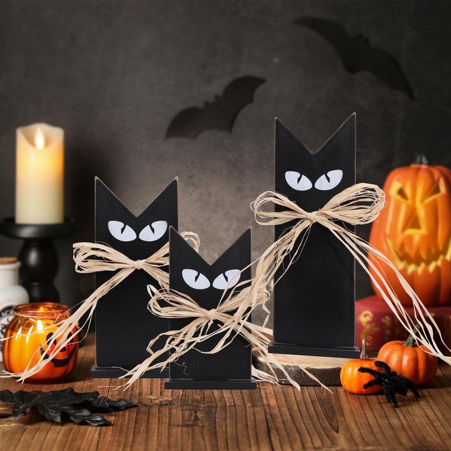 Set of 3 Wooden Black Cats Table Decor – Rustic Halloween Decorations, Tiered Tray Accents, Farmhouse Spooky Black Cat Figurines in 3 Sizes