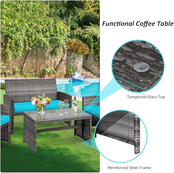 Tangkula 4 PCS Wicker Patio Conversation Set, Outdoor Rattan Sofas