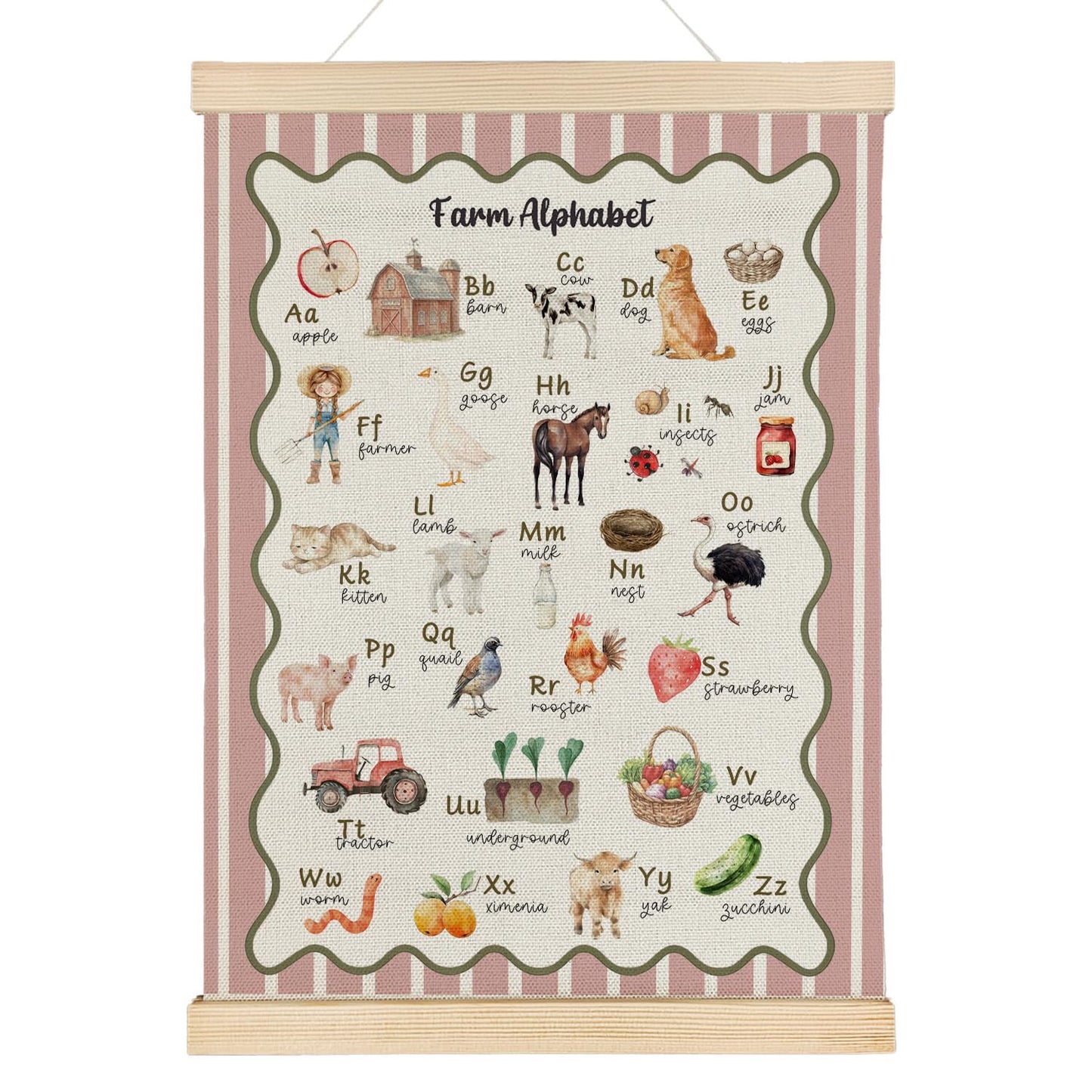 Qvapt Farm Alphabet Pink Wall Art Poster Hanger Frame, Farmhouse Animal ABC Educational Wall Art With Wooden Poster Hanger for Toddler Room Classroom Nursery Playroom Decorations, 12x16 Inch