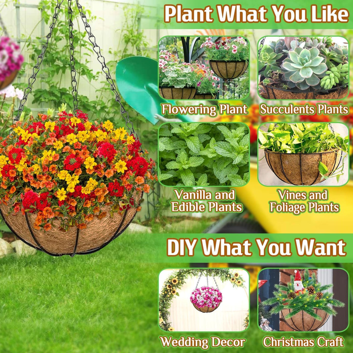 ZeeDix 3 Pack 12 Inch Outdoor Hanging Baskets, Metal Wire Hanging Planters with Coconut Liners, Round Hanging Baskets for Plants Flowers Ferns Home Garden Porch Balcony Railings Decor
