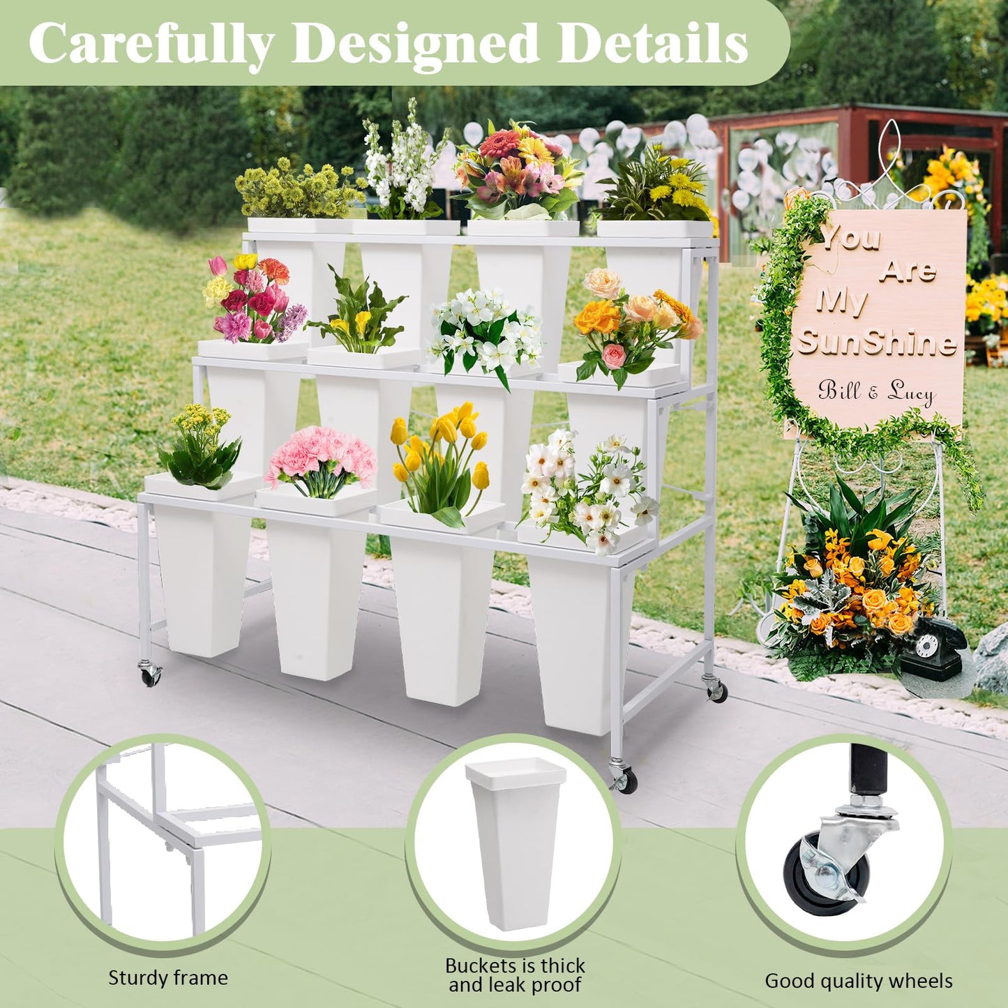 Flower Display Stands with Buckets, 3-Tier Rolling Plant Stand with Locking Wheels - Heavy Duty Metal Flower Cart for Indoor/Outdoor Use, Wedding Decor & Florist Displays (Holds 12 Pots) (White)
