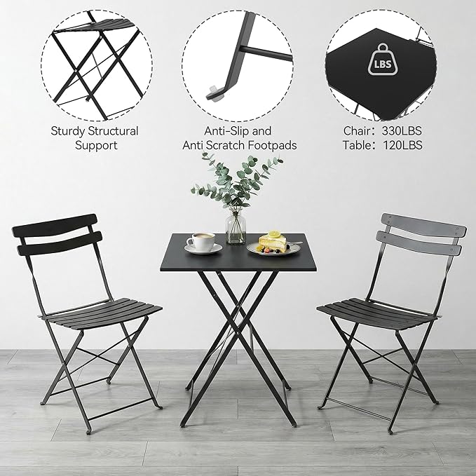 GarveeLife 3 Piece Patio Bistro Set, Folding Patio Bistro Table and Chairs Set
