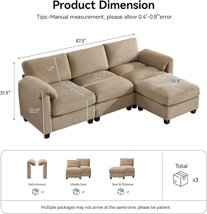 87.5'' L Shaped Modular Sectional Sofa, 3 Seater Cloud Couch