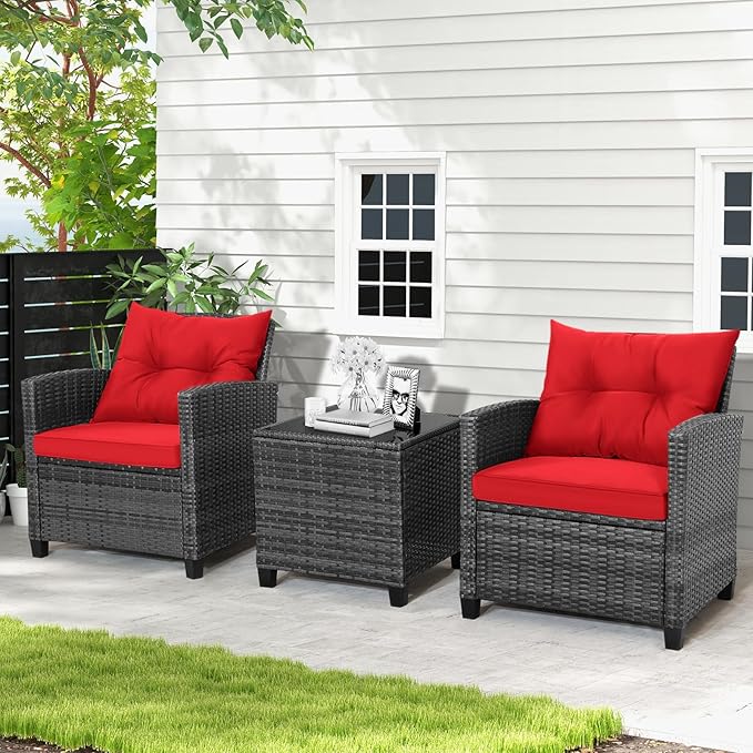 HAPPYGRILL 3 Pieces Patio Conversation Set, Outdoor Furniture Set PE Rattan
