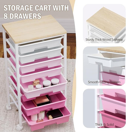 Rolling Cart with 8 Drawers, Storage Drawers Cart with Wooden Tabletop and Lockable Wheels, Craft Storage for Living Room, Office, Classroom, Craft Room, Bedroom