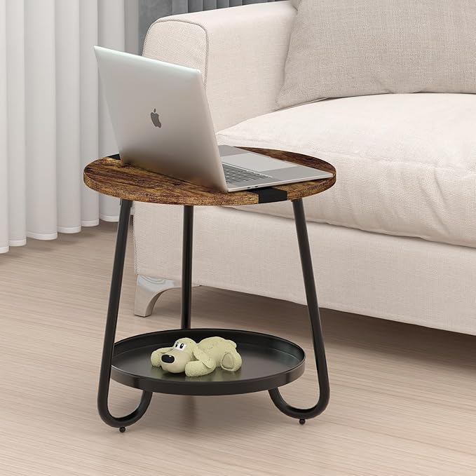 2 Tier Coffee Table in Living Room, Industrial Style Round Coffee Table