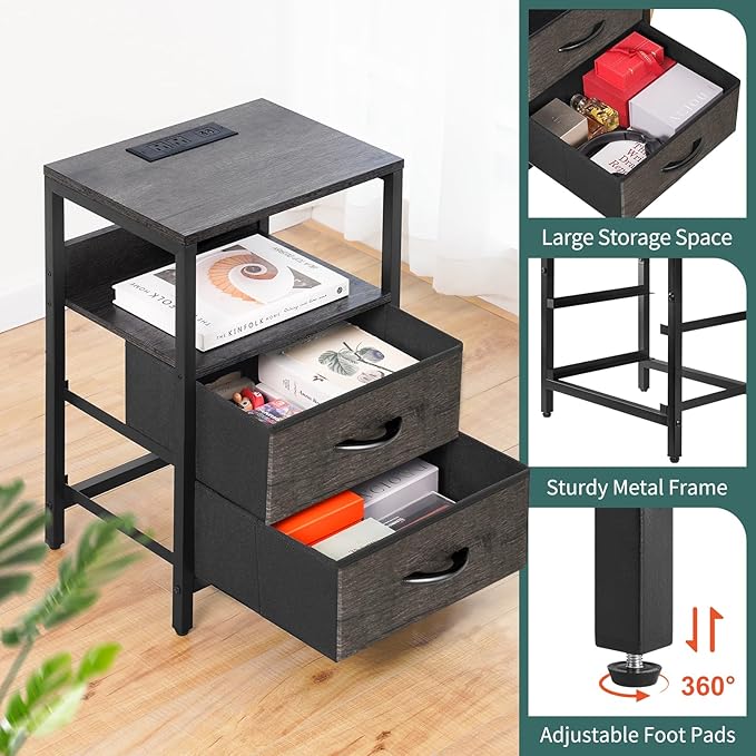 Yoobure Nightstand with Charging Station, LED Night Stand with Fabric Drawers