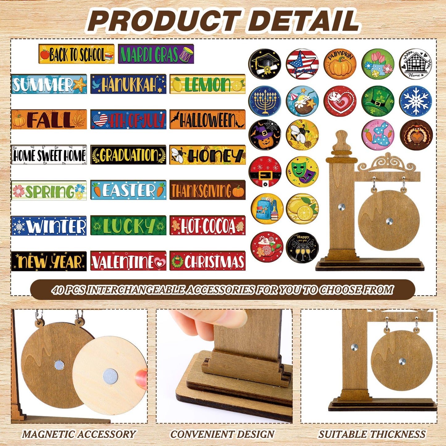 RattanView 41 Pcs Interchangeable Seasonal Decor Mini Standing Sign Farmhouse Convertible Holiday Wood Welcome Sign for Summer 4th of July Home Sweet Home Table Decor(Dark Brown)