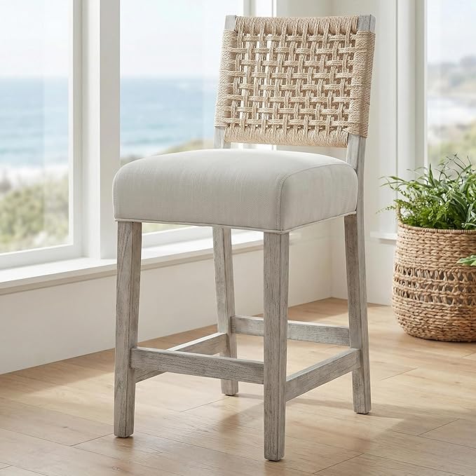 27" White Bar Stools for Kitchen Counter, Mid Century Linen Fabric Counter