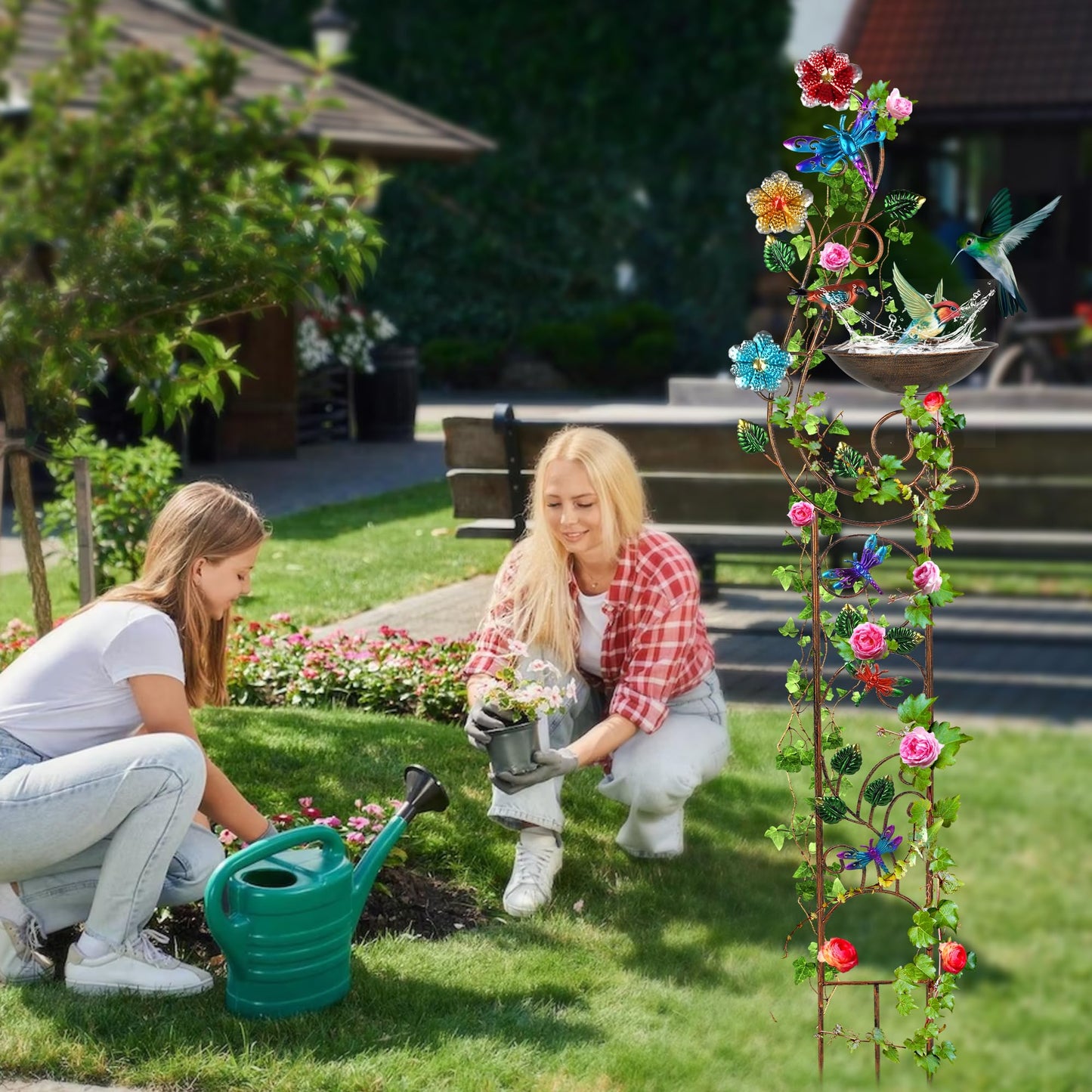 YADOOLIFE 57” Bird Bath with Garden Trellis for Climbing Plants Outdoor, Small Decorative Trellises Metal Birdbath Bird Baths, 1 Piece (Dragonfly)