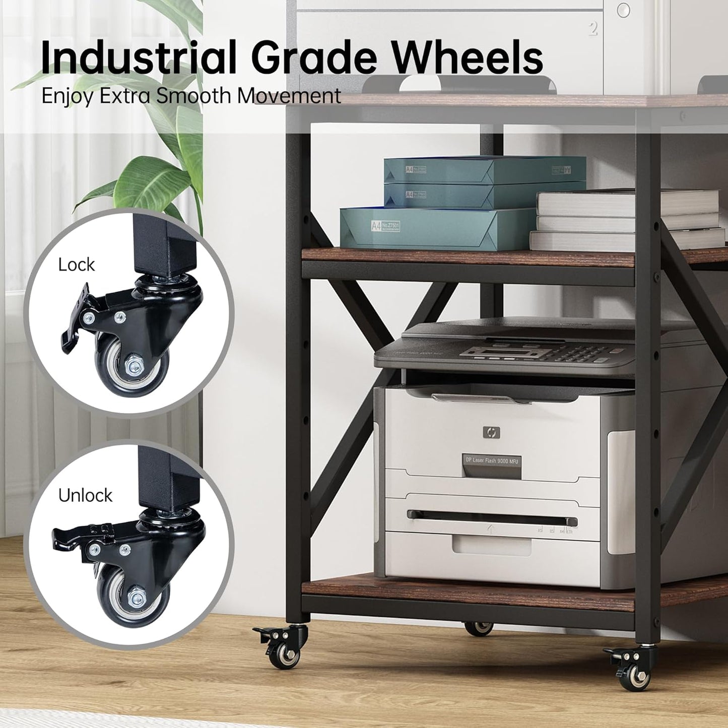 23.6 x 23.6 Inches Large Printer Stand, 3 Tier Square Printer Table with Height Adjustable Storage Shelf, Rolling Printer Cart with Industrial Wheels for Home Office - Rustic Brown