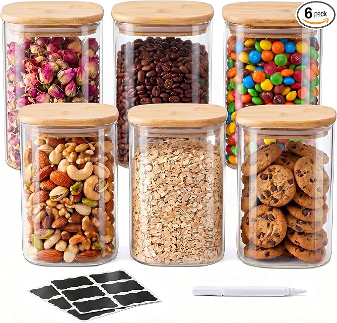 SENTVEND 37 Oz Glass Storage Jars with Bamboo Lids - 6 Pack Clear Glass Canisters Square Airtight Stackable Ideal for Pantry Storage Containers Organizers Great for Storing Oats Coffee Beans Nuts etc