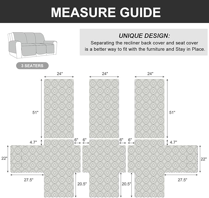 Genina Waterproof Couch Cover for Reclining Couch 3 Seater Non-Slip, Washable