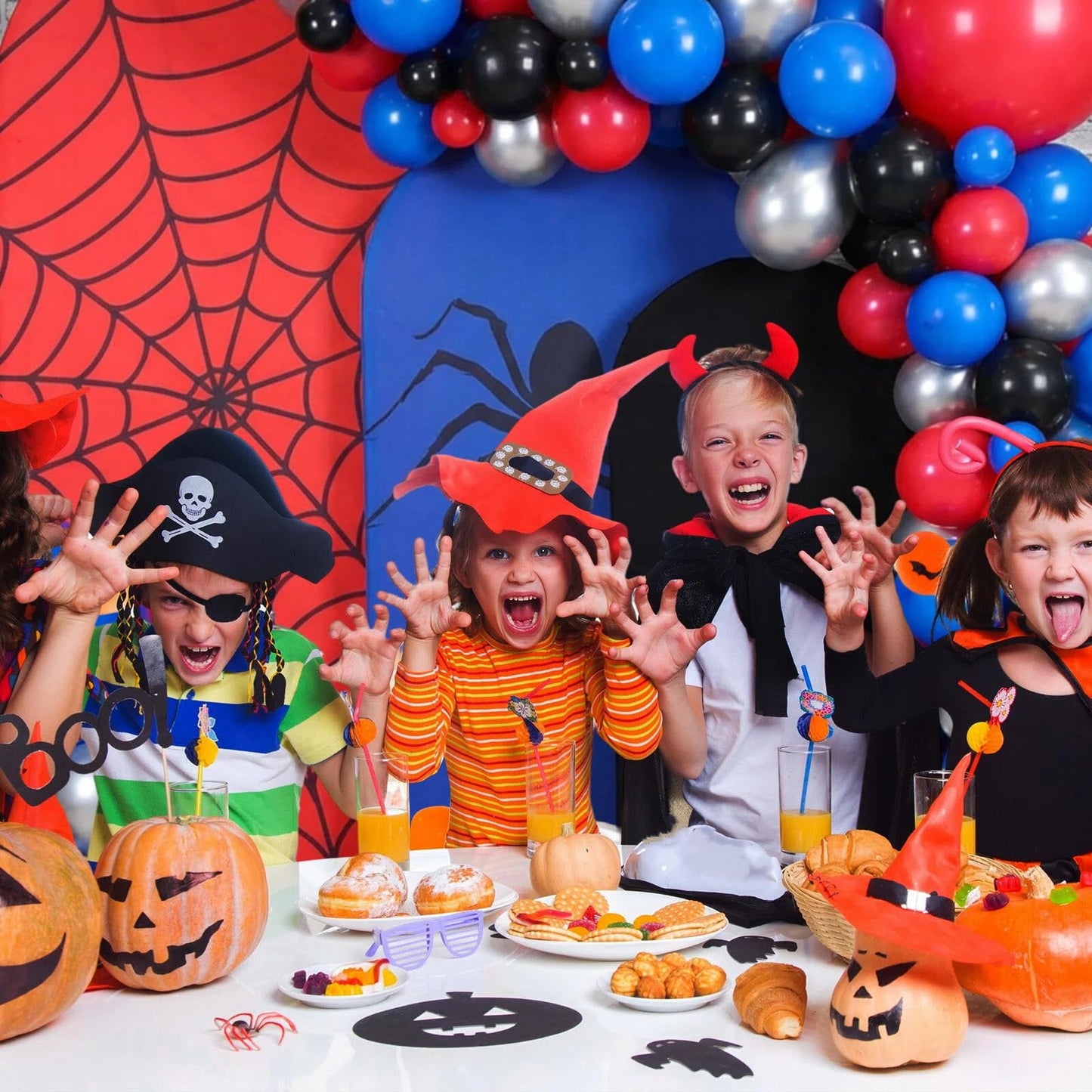 Hillsuren 137 Pcs Spider Web Theme Party Decoration Kit 4ft, 5ft, 6ft Red Black Blue Spider Web Arch Cover Backdrop Balloons Glue Ribbon Strip for Birthday Baby Shower Wedding Photography Decor