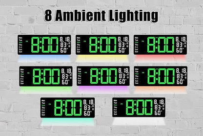 17.5 Inch Green LED Digital Wall Clock with 8 Ambient Light Colors｜Displays Time,Date,Day,Temperature&Humidity,Dual Alarms,Countdown&Stopwatch,DST,10-Level Auto/Manual Brightness｜Modern Silent Clock